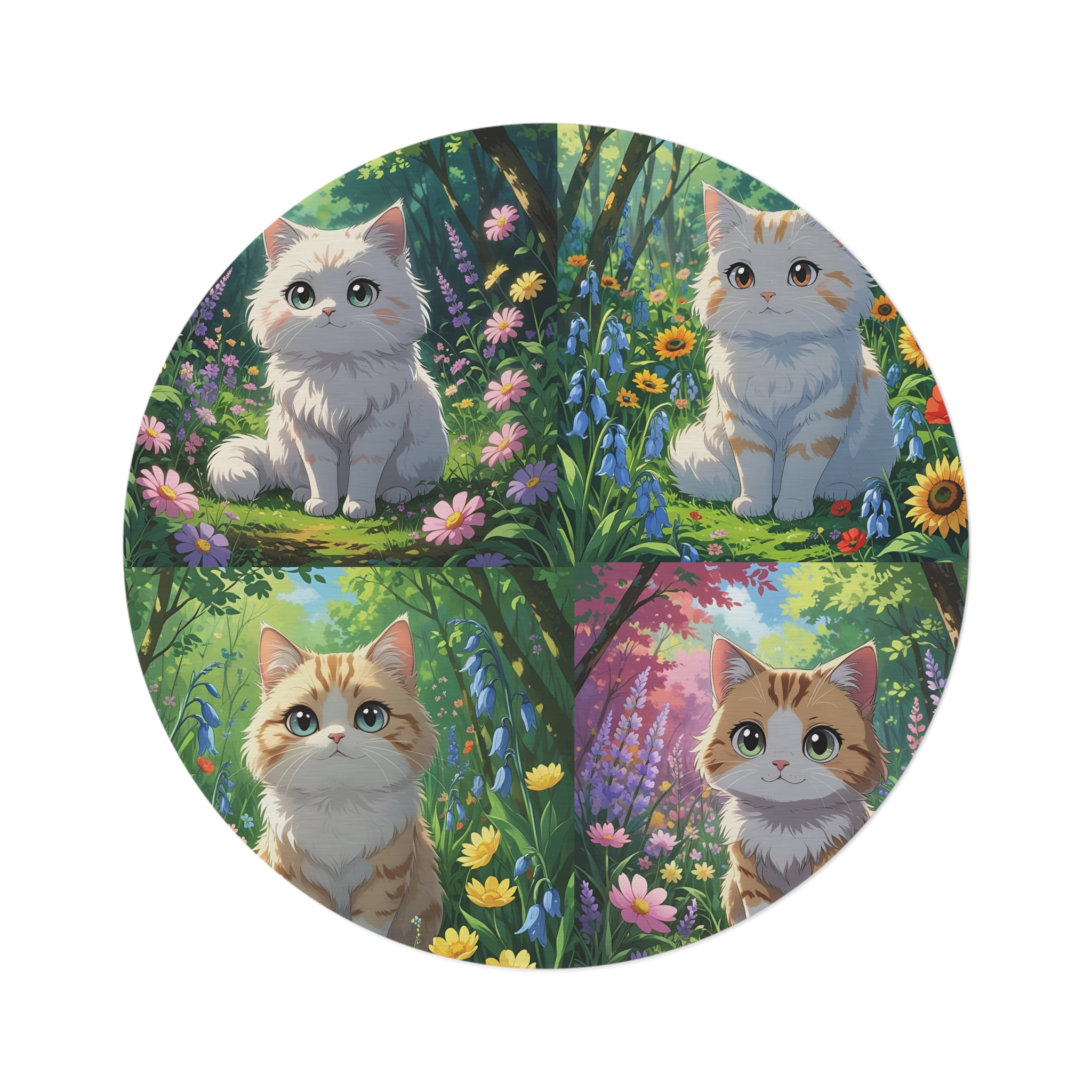 Cute Cat-Themed Round Rug, Pet Lover's Home Decor, Cozy Living Room Accent, Cat Lover Gift, Floral Cat Design Carpet
