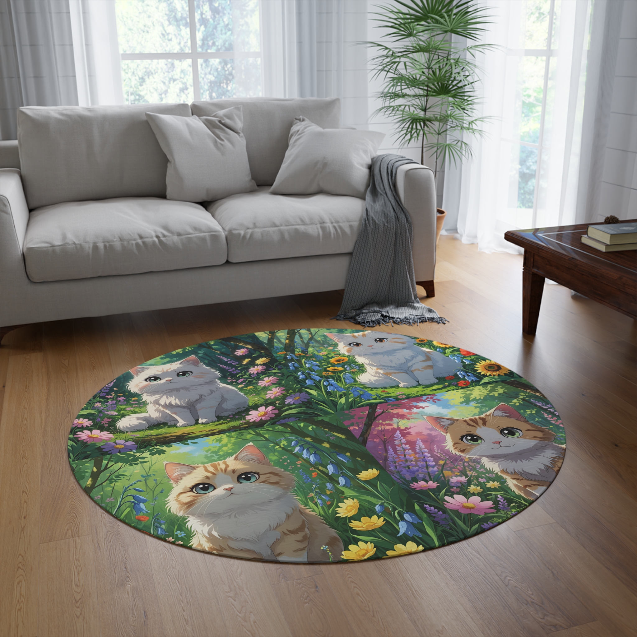 Cute Cat-Themed Round Rug, Pet Lover's Home Decor, Cozy Living Room Accent, Cat Lover Gift, Floral Cat Design Carpet - Image 4