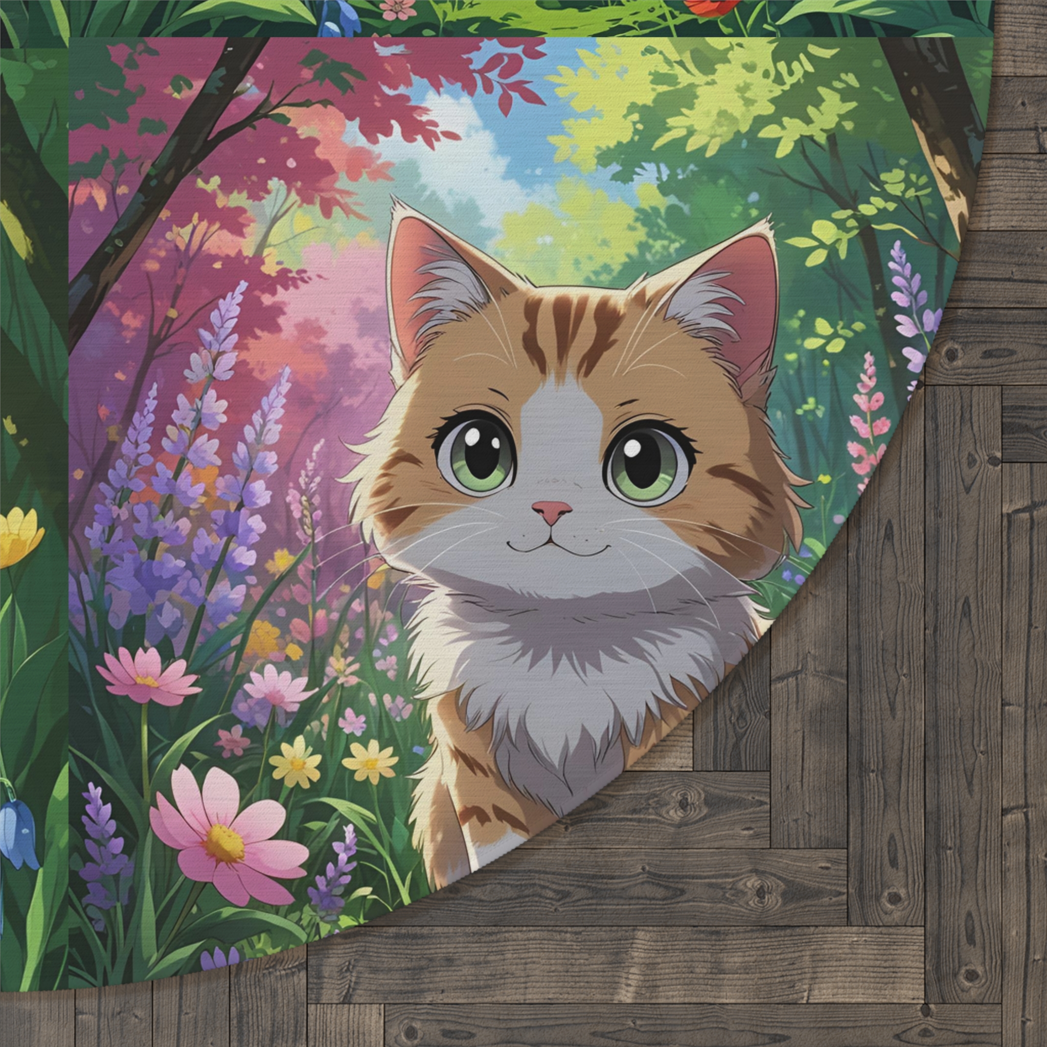 Cute Cat-Themed Round Rug, Pet Lover's Home Decor, Cozy Living Room Accent, Cat Lover Gift, Floral Cat Design Carpet - Image 5