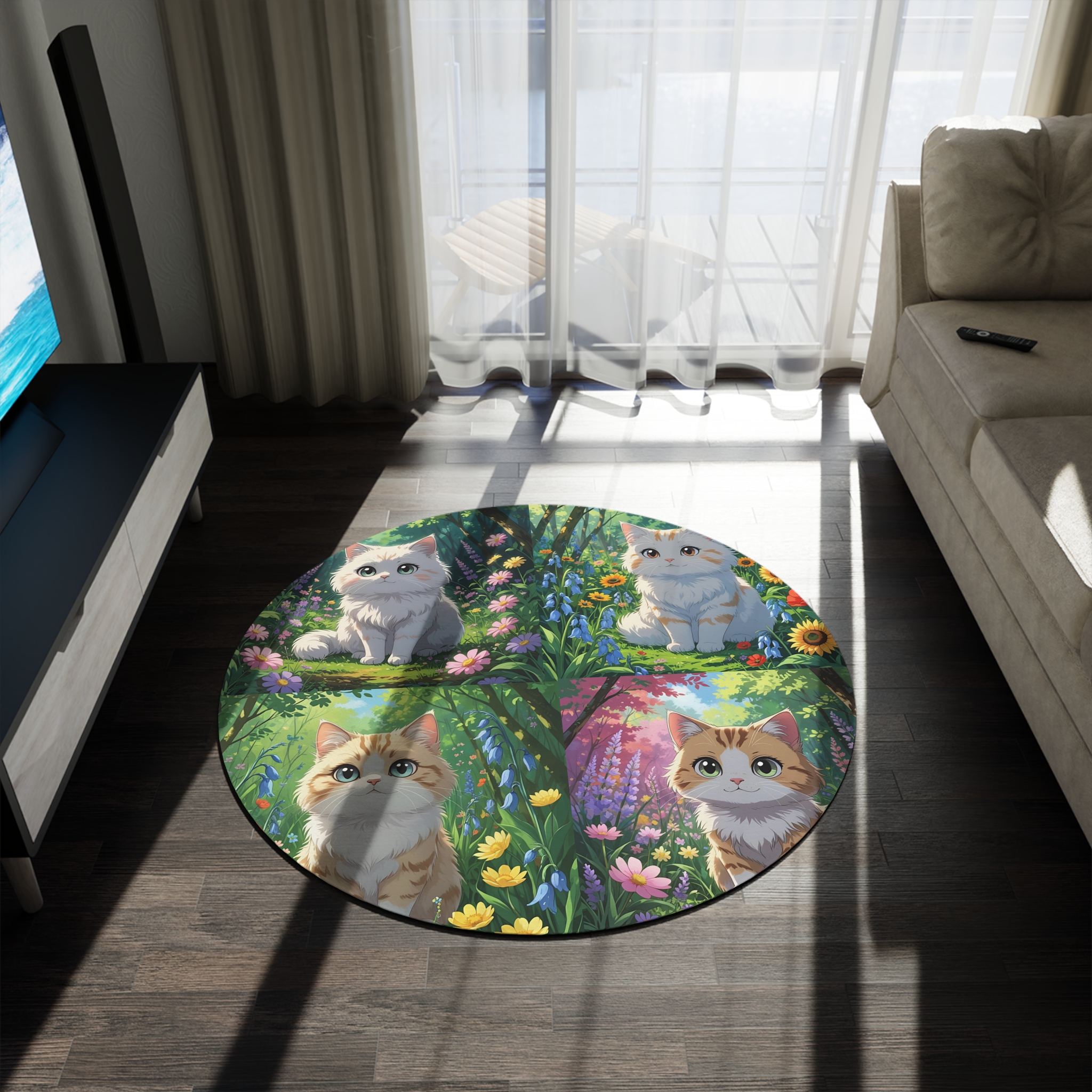 Cute Cat-Themed Round Rug, Pet Lover's Home Decor, Cozy Living Room Accent, Cat Lover Gift, Floral Cat Design Carpet - Image 3